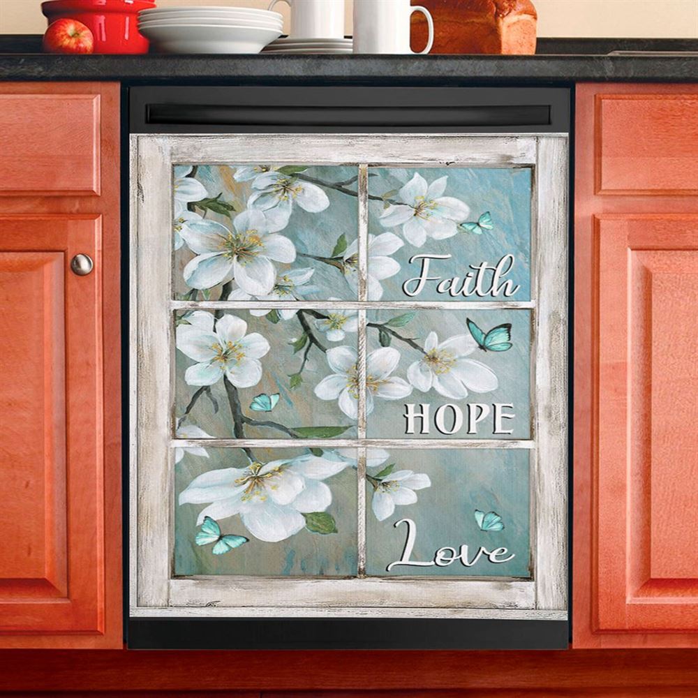 Faith Hope Love Window Flower White Dishwasher Cover, Christian Dishwasher Magnet Cover, Religious Kitchen Decor