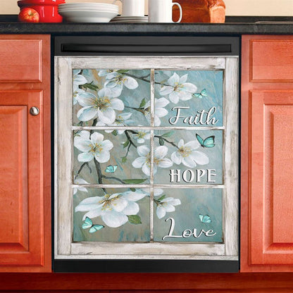 Faith Hope Love Window Flower White Dishwasher Cover, Christian Dishwasher Magnet Cover, Religious Kitchen Decor