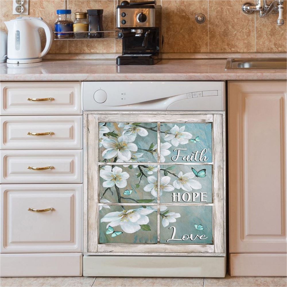 Faith Hope Love Window Flower White Dishwasher Cover, Christian Dishwasher Magnet Cover, Religious Kitchen Decor