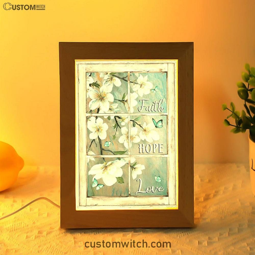 Faith Hope Love Window Flower White Frame Lamp Art - Christian Art Decor - Religious Gifts Night Light