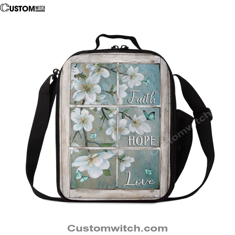 Faith Hope Love Window Flower White Lunch Bag, Christian Lunch Bag, Religious Lunch Box For School, Picnic