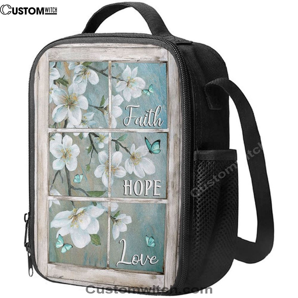 Faith Hope Love Window Flower White Lunch Bag, Christian Lunch Bag, Religious Lunch Box For School, Picnic