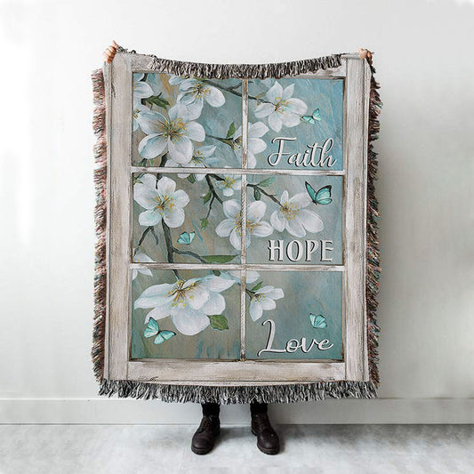 Faith Hope Love Window Flower White Woven Throw Blanket - Christian Throw Blanket Decor - Religious Woven Blanket Prints