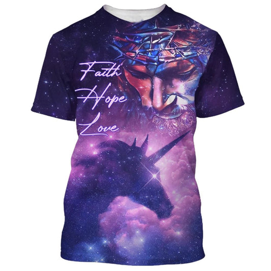 Faith Hope Loves, Jesus Unicorn Galaxy All Over Print 3D T-Shirt, Gift For Christian, Jesus Shirt