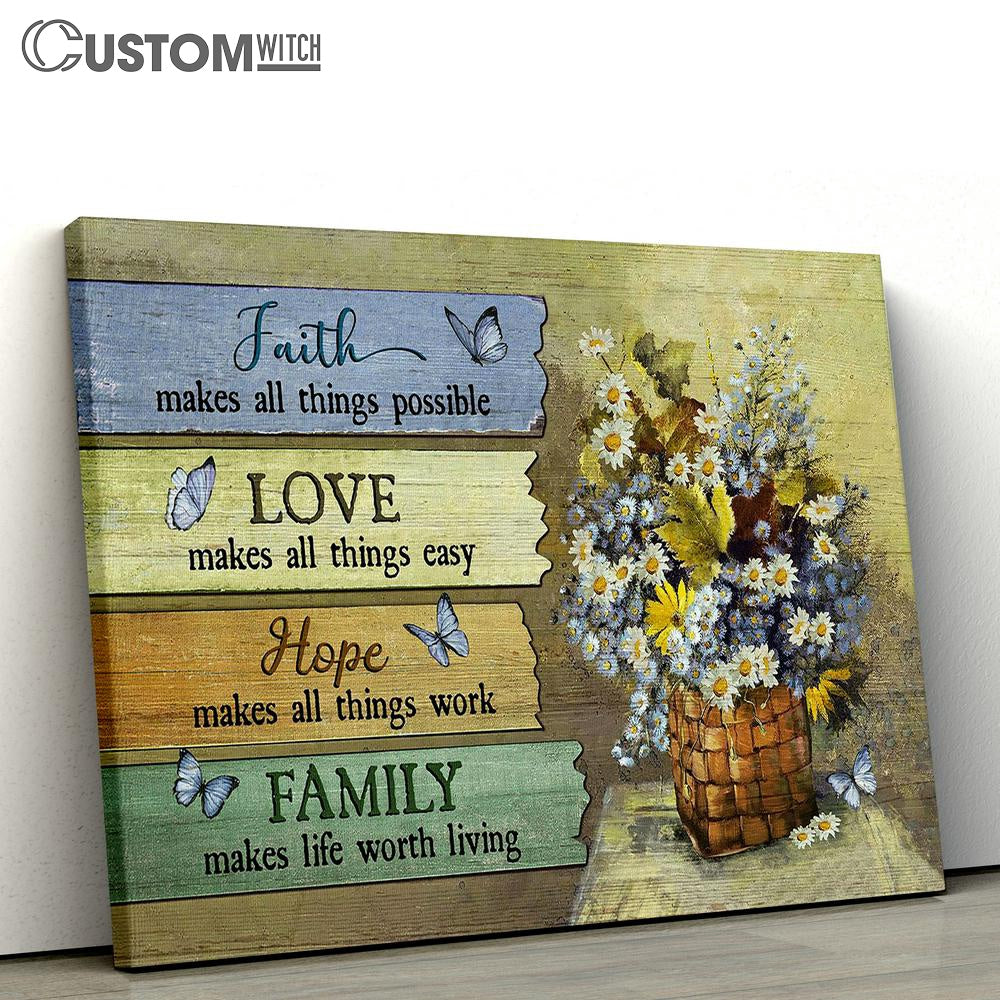 Faith Makes All Things Possible Daisy Flower Blue Butterfly Canvas Wall Art - Bible Verse Canvas - Religious Prints
