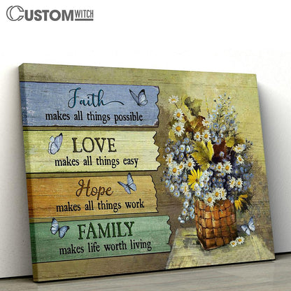 Faith Makes All Things Possible Daisy Flower Blue Butterfly Canvas Wall Art - Bible Verse Canvas - Religious Prints