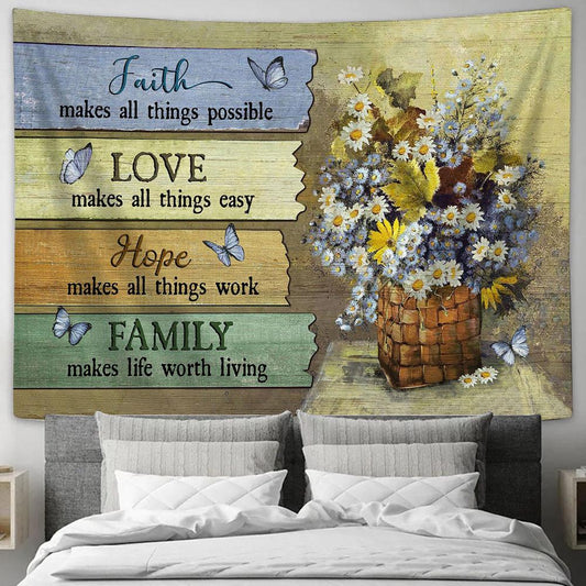 Faith Makes All Things Possible Daisy Flower Blue Butterfly Tapestry Wall Art - Bible Verse Tapestry - Religious Tapestry Wall Hanging
