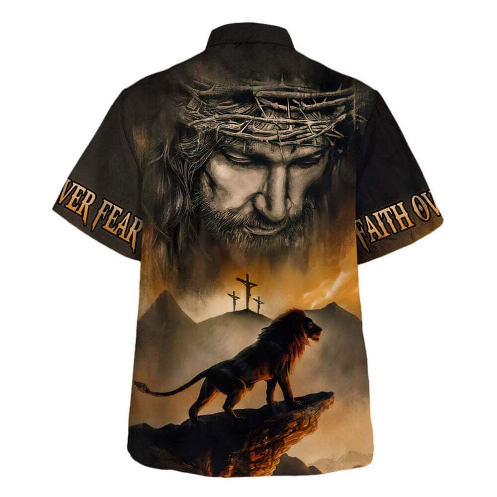 Faith Over Fear Bible Verse Jesus And Lion Hawaiian Shirt For Men, Christian Hawaiian Shirt, Gift For Christian