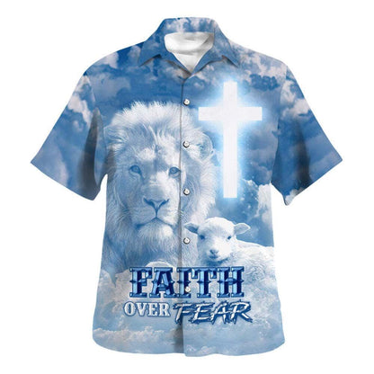 Faith Over Fear Bible Verse Jesus Lion Lamb Hawaiian Shirt For Men, Christian Hawaiian Shirt, Gift For Christian