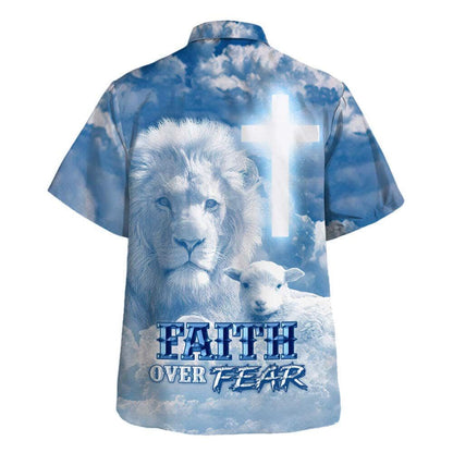 Faith Over Fear Bible Verse Jesus Lion Lamb Hawaiian Shirt For Men, Christian Hawaiian Shirt, Gift For Christian