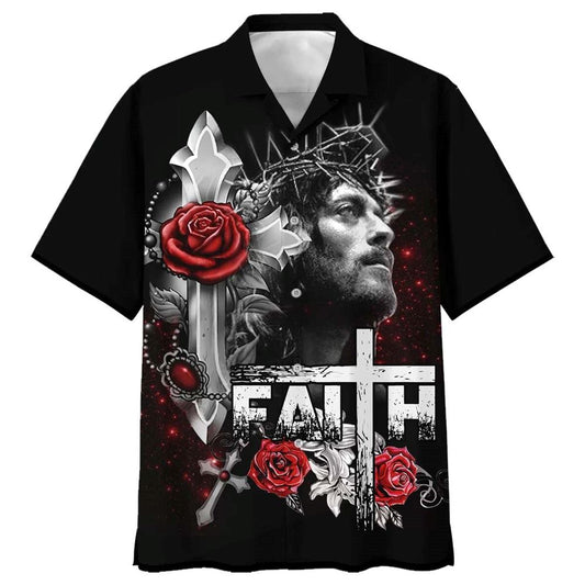 Faith Over Fear Cross With Red Roses Christian Faith Hawaiian Shirt For Men, Christian Hawaiian Shirt, Gift For Christian