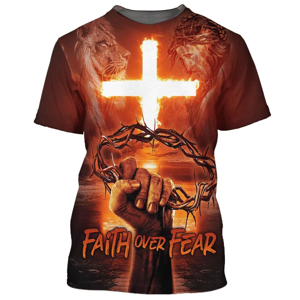Faith Over Fear Crown Of Thorns Cross Fire All Over Print 3D T-Shirt, Gift For Christian, Jesus Shirt