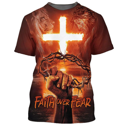 Faith Over Fear Crown Of Thorns Cross Fire All Over Print 3D T-Shirt, Gift For Christian, Jesus Shirt