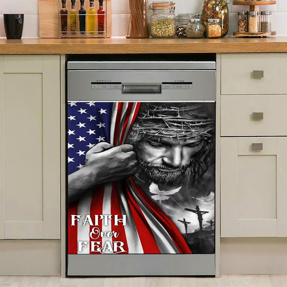 Faith Over Fear God Jesus Dishwasher Cover, Christian Dishwasher Magnet Cover, Religious Kitchen Decor