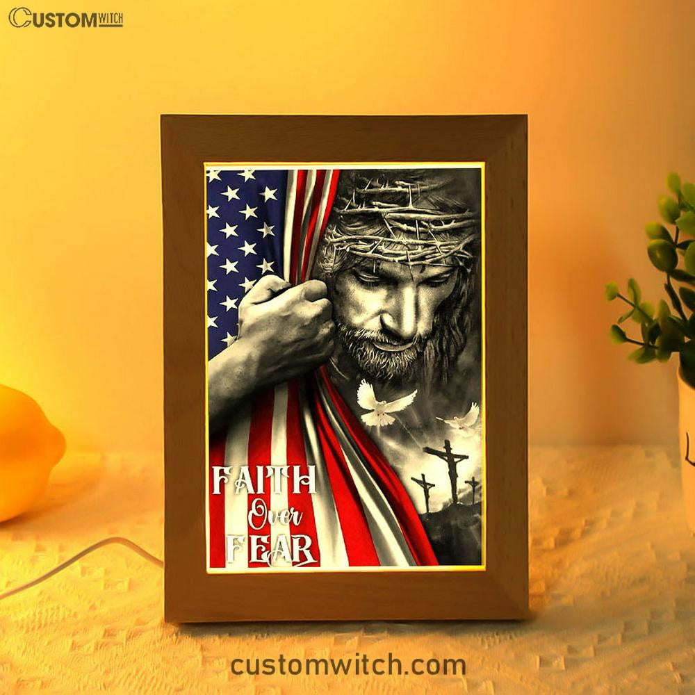Faith Over Fear God Jesus Frame Lamp Art - Christian Art Decor - Religious Gifts Night Light
