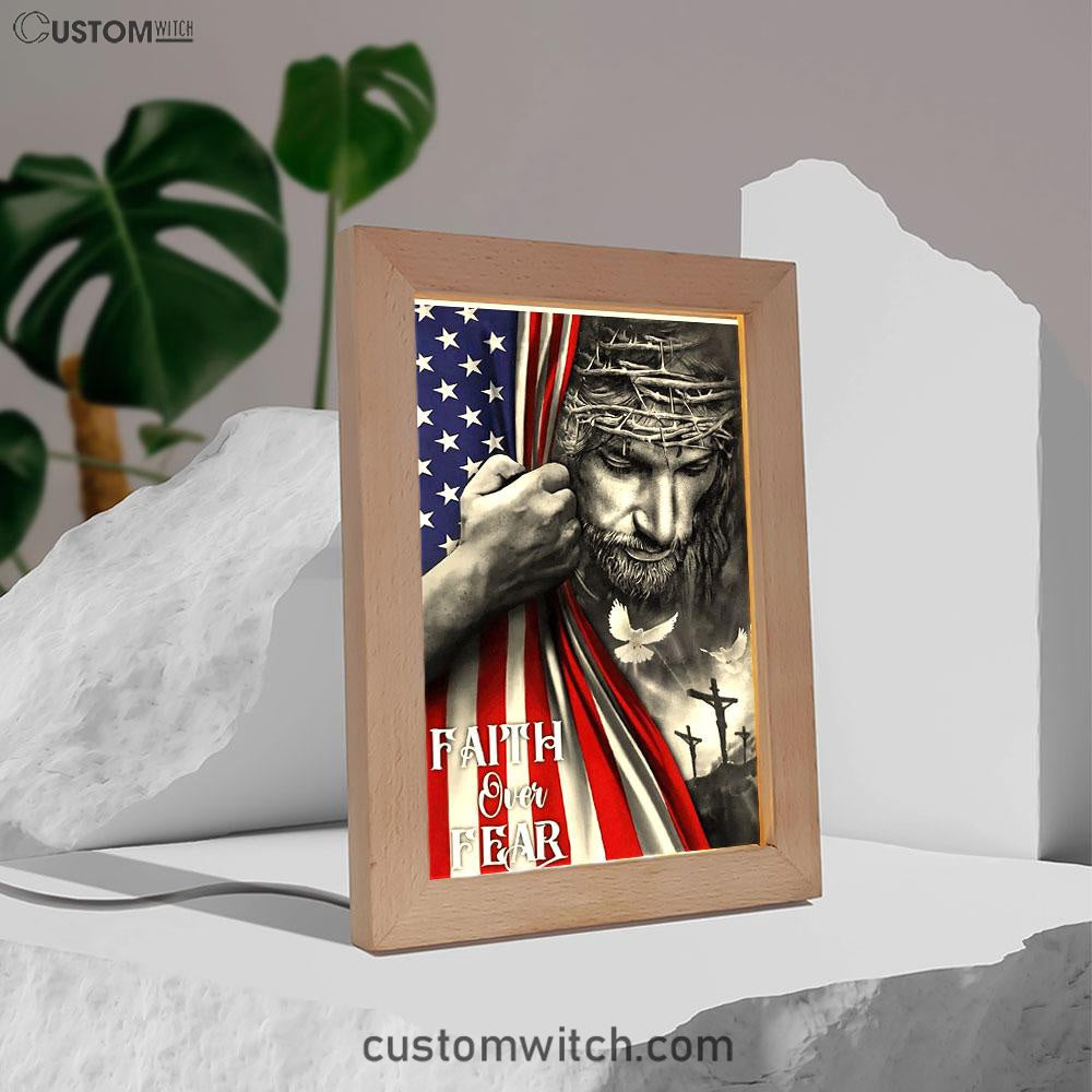 Faith Over Fear God Jesus Frame Lamp Art - Christian Art Decor - Religious Gifts Night Light