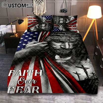 Faith Over Fear God Jesus Quilt Bedding Set Bedroom - Christian Bedroom Decor - Religious Quilt Bedding Set Prints