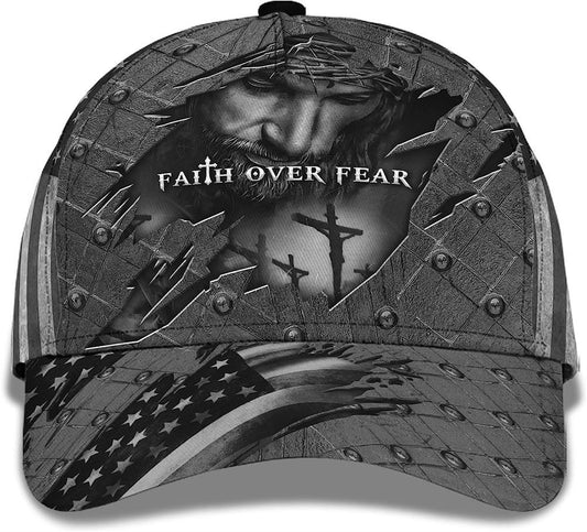 Faith Over Fear God With Cross And American Flag All Over Print Baseball Cap, God Cap, Gift Ideas For Male