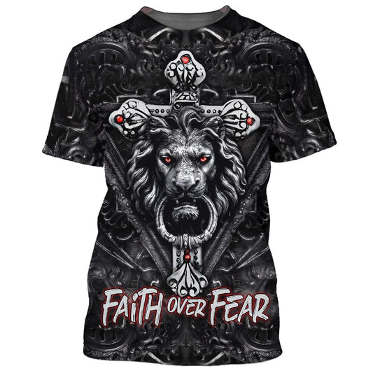 Faith Over Fear Gothic Lion Black All Over Print 3D T-Shirt, Gift For Christian, Jesus Shirt