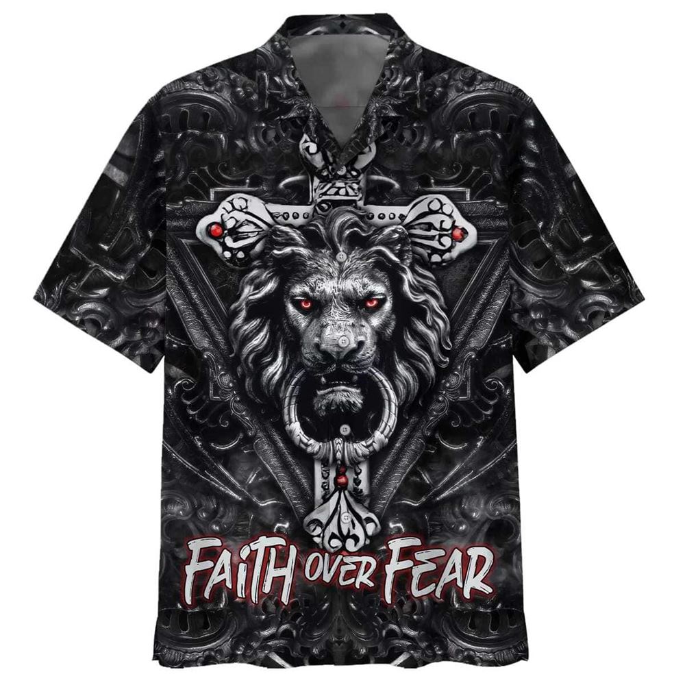 Faith Over Fear Gothic Lion Black Hawaiian Shirt For Men, Christian Hawaiian Shirt, Gift For Christian