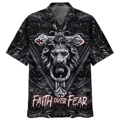 Faith Over Fear Gothic Lion Black Hawaiian Shirt For Men, Christian Hawaiian Shirt, Gift For Christian