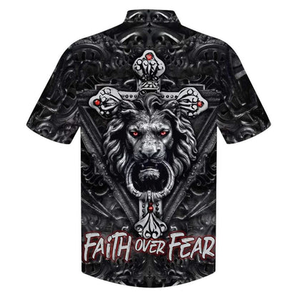 Faith Over Fear Gothic Lion Black Hawaiian Shirt For Men, Christian Hawaiian Shirt, Gift For Christian