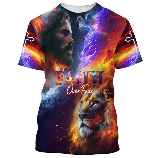 Faith Over Fear Jesus And Lion All Over Print 3D T-Shirt, Gift For Christian, Jesus Shirt