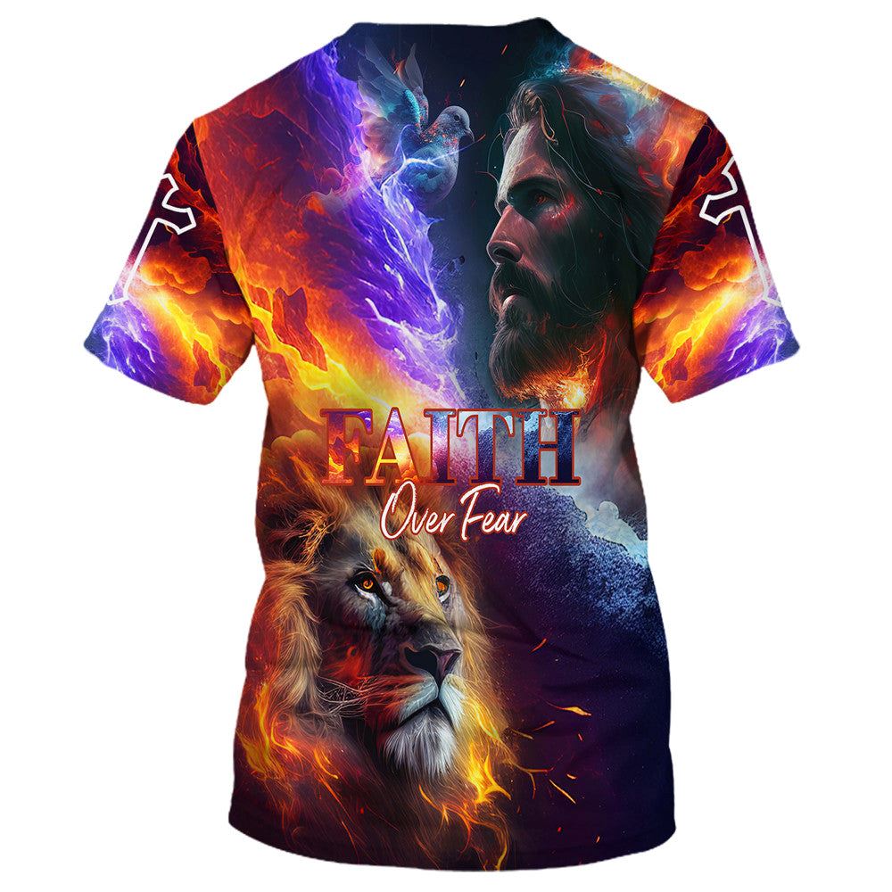 Faith Over Fear Jesus And Lion All Over Print 3D T-Shirt, Gift For Christian, Jesus Shirt