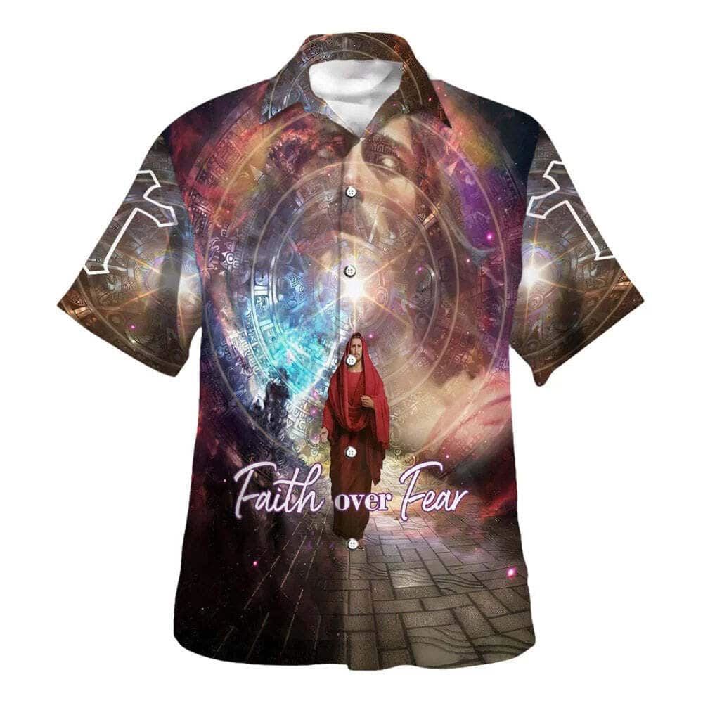 Faith Over Fear Jesus Bible Verse Walking Away Hawaiian Shirt For Men, Christian Hawaiian Shirt, Gift For Christian