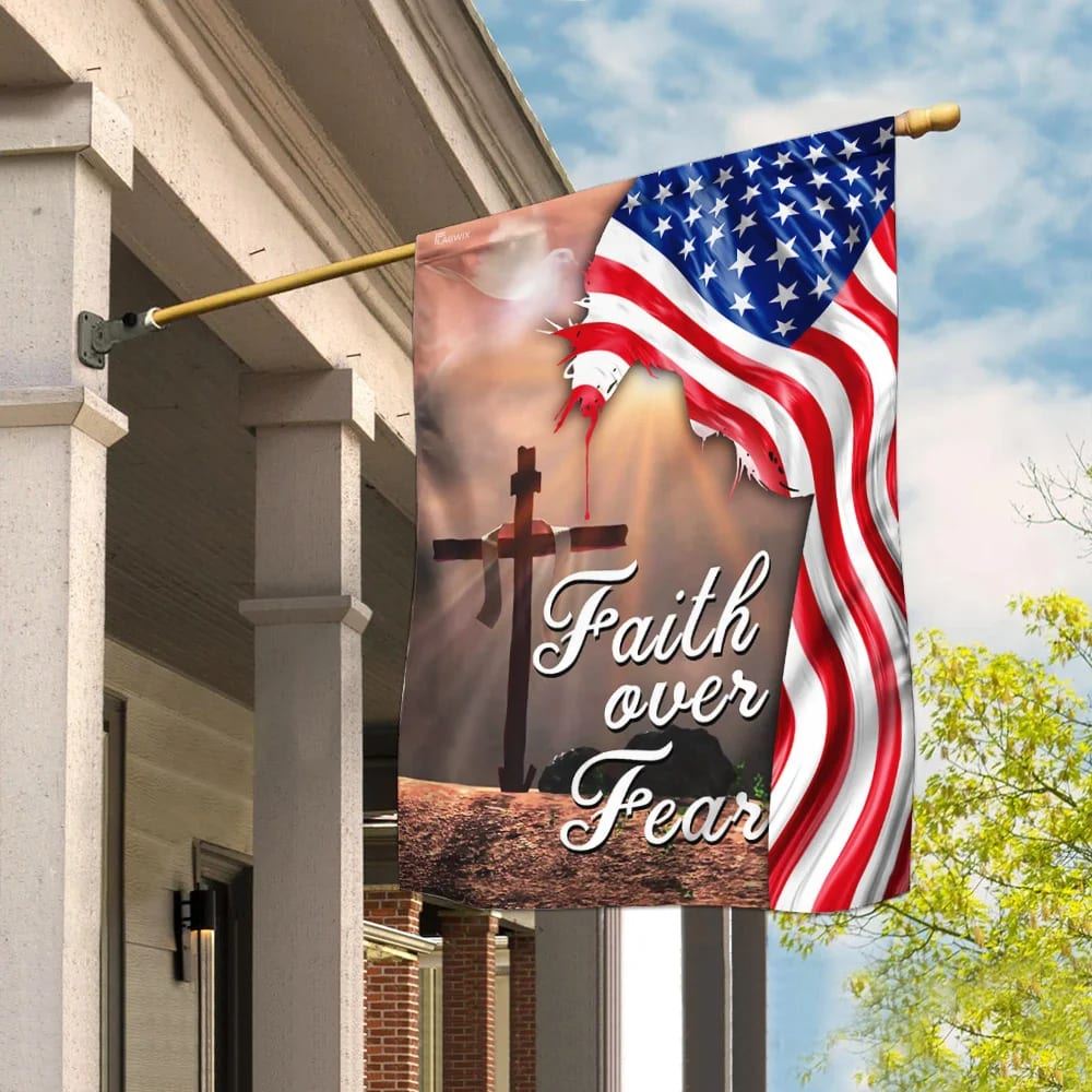 Faith Over Fear Jesus Christian Cross American House Flags, Christian Flag, Scripture Flag, Garden Banner