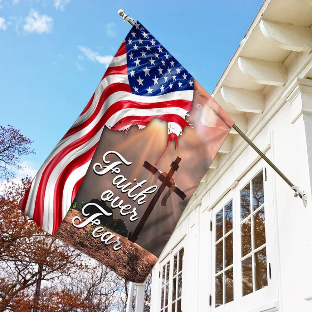 Faith Over Fear Jesus Christian Cross American House Flags, Christian Flag, Scripture Flag, Garden Banner