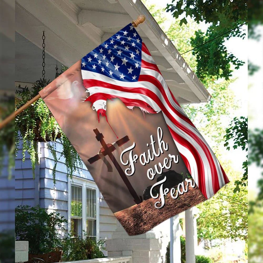 Faith Over Fear Jesus Christian Cross American House Flags, Christian Flag, Scripture Flag, Garden Banner