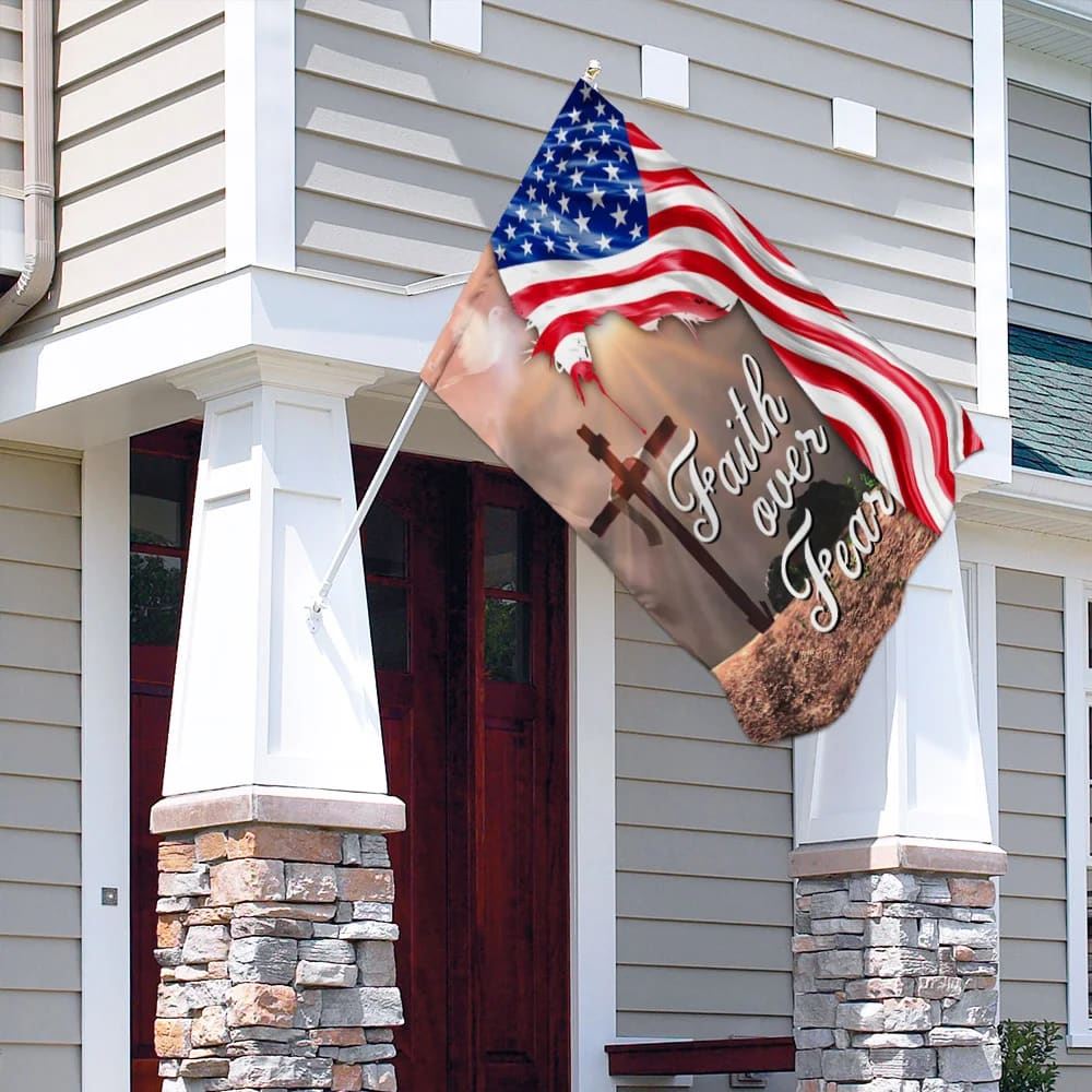 Faith Over Fear Jesus Christian Cross American House Flags, Christian Flag, Scripture Flag, Garden Banner