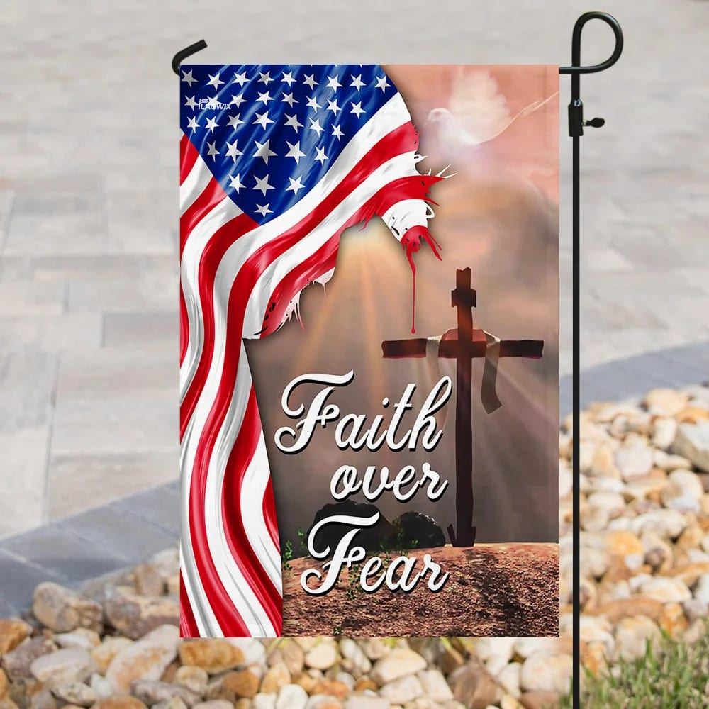 Faith Over Fear Jesus Christian Cross American House Flags, Christian Flag, Scripture Flag, Garden Banner