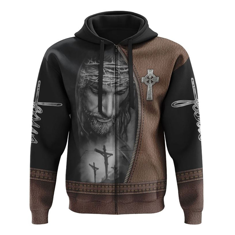 Faith Over Fear Jesus Cross Leather All Over Print 3D Hoodie, Christian Hoodie, Christian Sweatshirt, Bible Verse Shirt