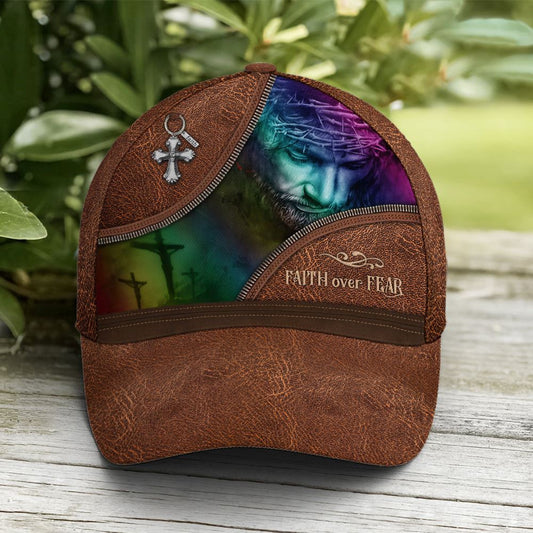 Faith Over Fear Jesus Leather Style All Over Print Baseball Cap, God Cap, Gift Ideas For Male