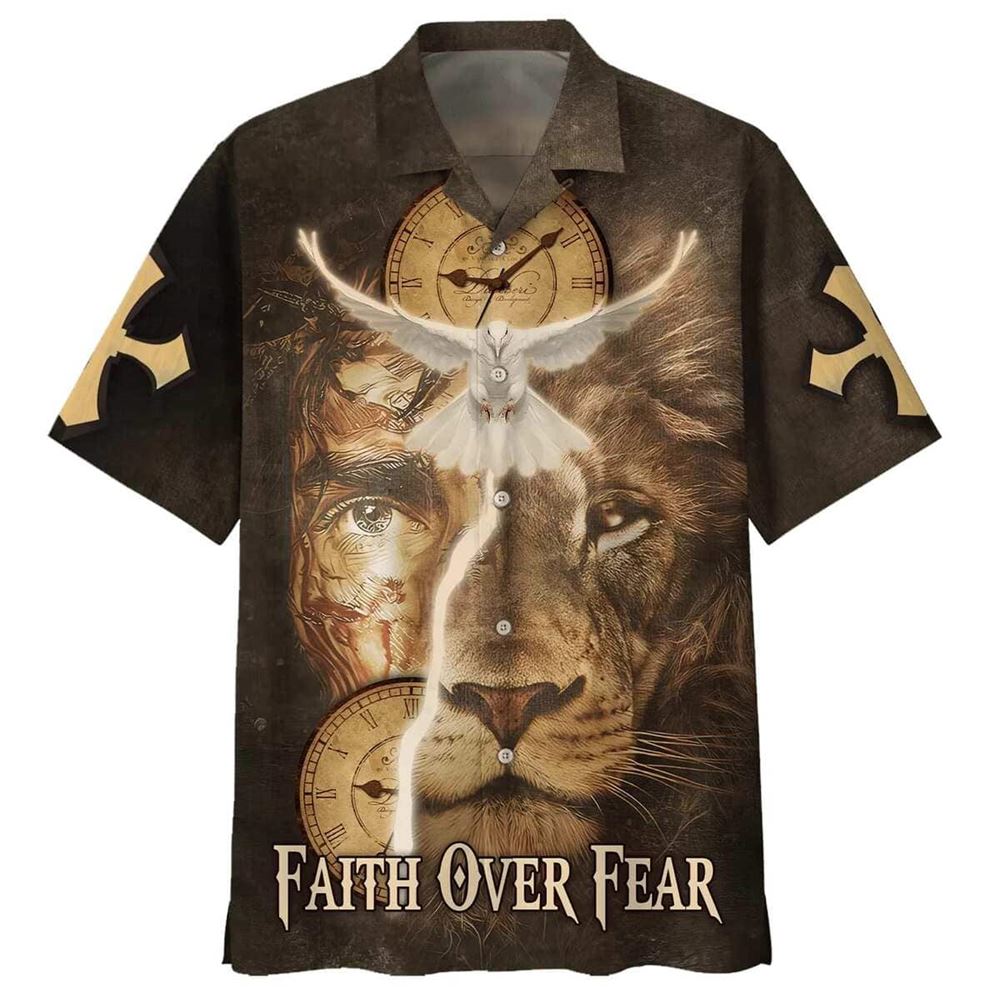 Faith Over Fear Jesus Lion And Dove Hawaiian Shirt For Men, Christian Hawaiian Shirt, Gift For Christian