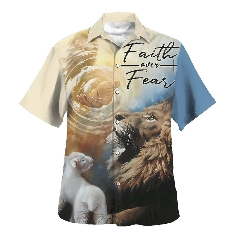 Faith Over Fear Jesus Lion And Lamb Christian Bible Verse Hawaiian Shirt For Men, Christian Hawaiian Shirt, Gift For Christian