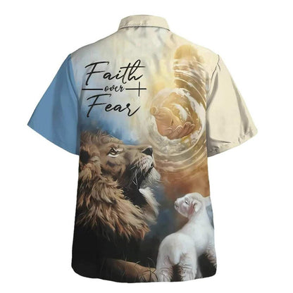Faith Over Fear Jesus Lion And Lamb Christian Bible Verse Hawaiian Shirt For Men, Christian Hawaiian Shirt, Gift For Christian