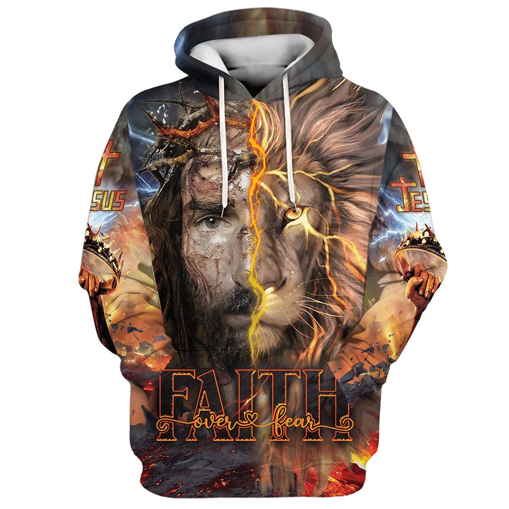 Faith Over Fear Jesus Lion Hoodies Jesus Hoodie Men & Women, God 3D Printed Hoodie, Christian Apparel Hoodies