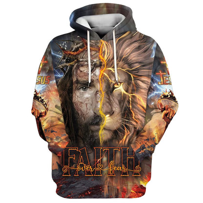 Faith Over Fear Jesus Lion Hoodies Jesus Hoodie Men & Women, God 3D Printed Hoodie, Christian Apparel Hoodies