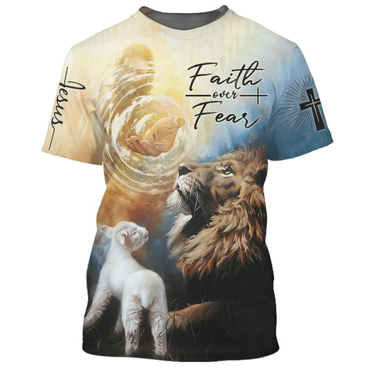Faith Over Fear Jesus Lion Lamb All Over Print 3D T-Shirt, Gift For Christian, Jesus Shirt