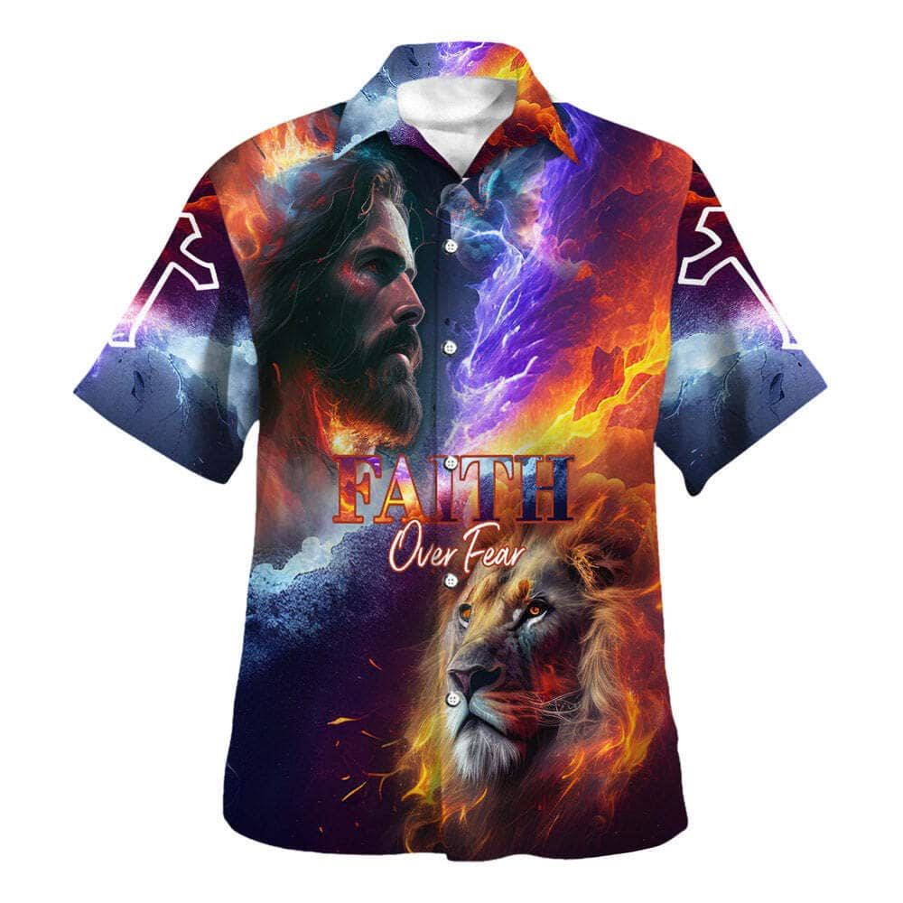Faith Over Fear Jesus Lion Of Judah Christian Hawaiian Shirt For Men, Christian Hawaiian Shirt, Gift For Christian