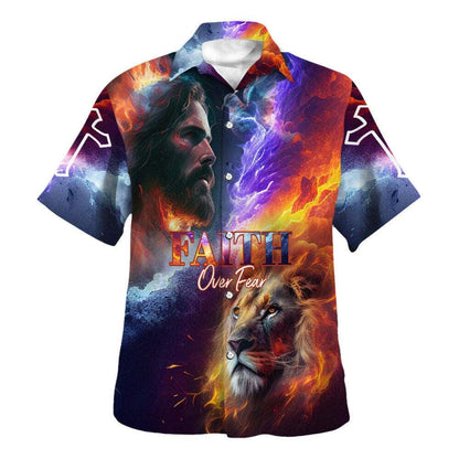 Faith Over Fear Jesus Lion Of Judah Christian Hawaiian Shirt For Men, Christian Hawaiian Shirt, Gift For Christian