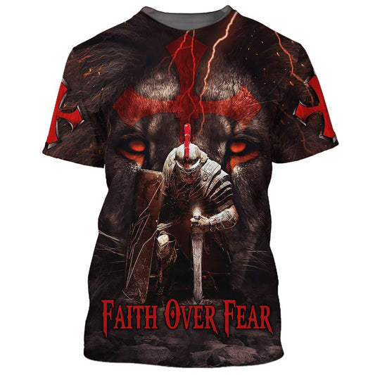 Faith Over Fear Knight Of The Lion All Over Print 3D T-Shirt, Gift For Christian, Jesus Shirt