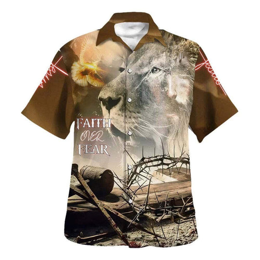 Faith Over Fear Lion And Crown Of Thorns Christian Hawaiian Shirt For Men, Christian Hawaiian Shirt, Gift For Christian