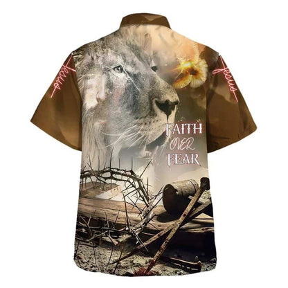 Faith Over Fear Lion And Crown Of Thorns Christian Hawaiian Shirt For Men, Christian Hawaiian Shirt, Gift For Christian