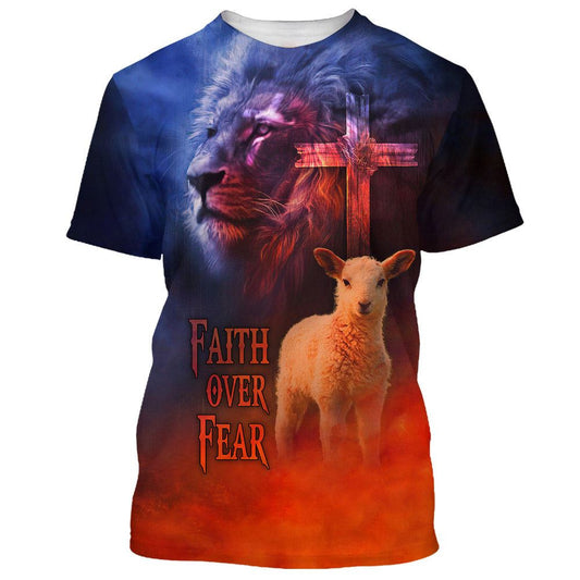 Faith Over Fear Lion And Sheep All Over Print 3D T-Shirt, Gift For Christian, Jesus Shirt