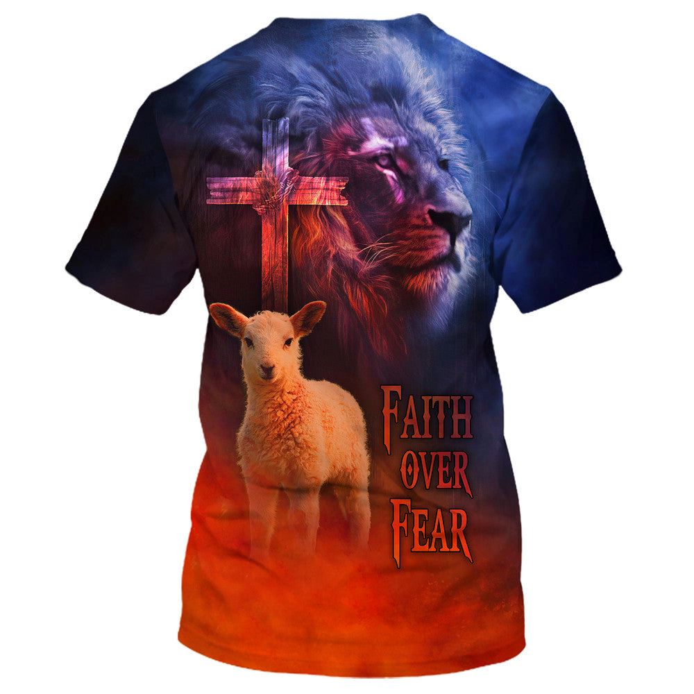 Faith Over Fear Lion And Sheep All Over Print 3D T-Shirt, Gift For Christian, Jesus Shirt