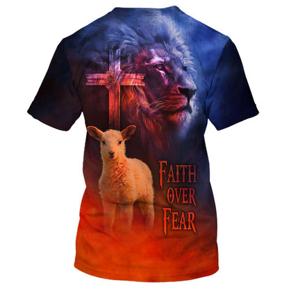 Faith Over Fear Lion And Sheep All Over Print 3D T-Shirt, Gift For Christian, Jesus Shirt